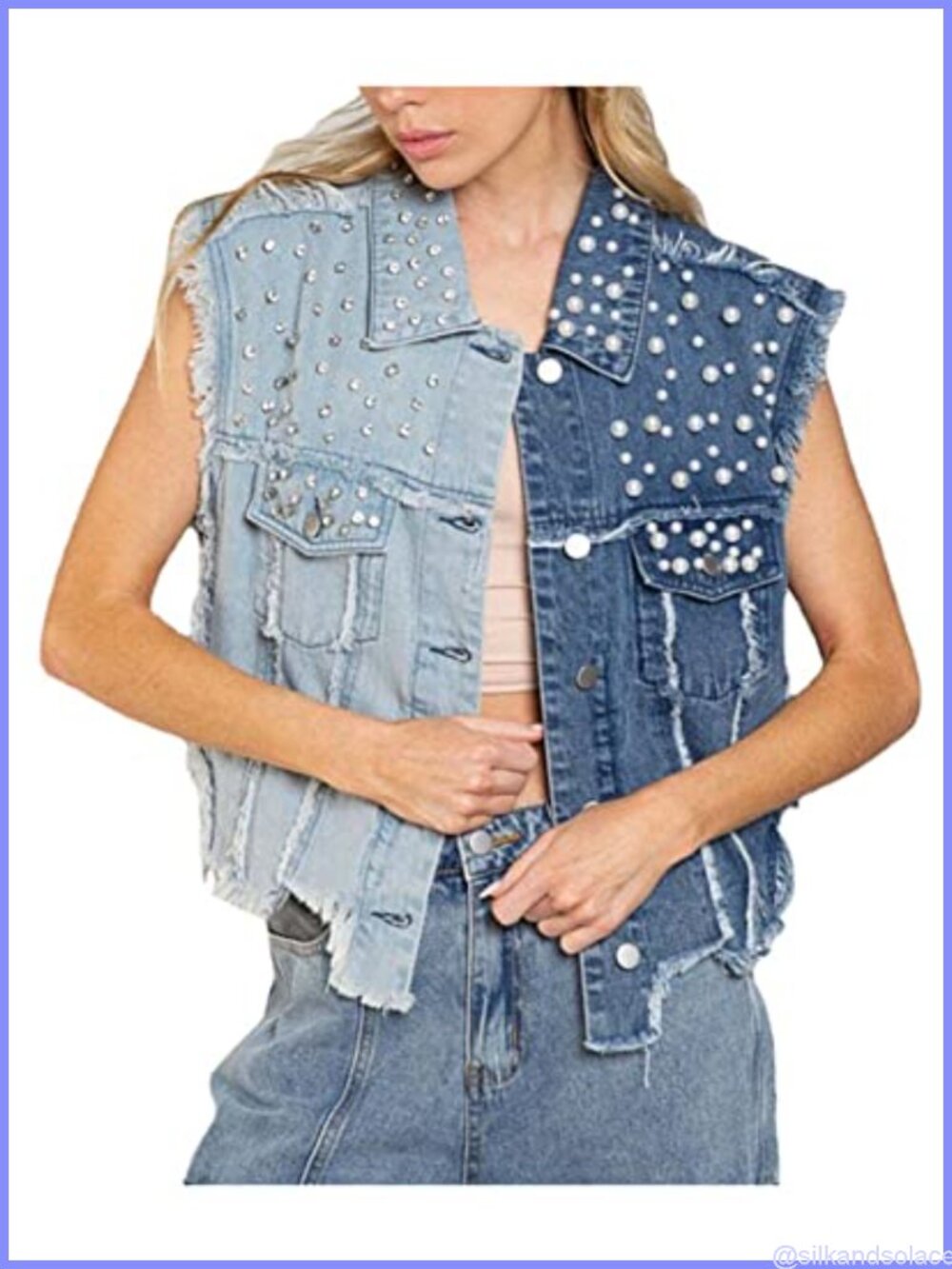 Beaded Pearl Denim Vest Sleeveless Cropped Women's Jean Jacket